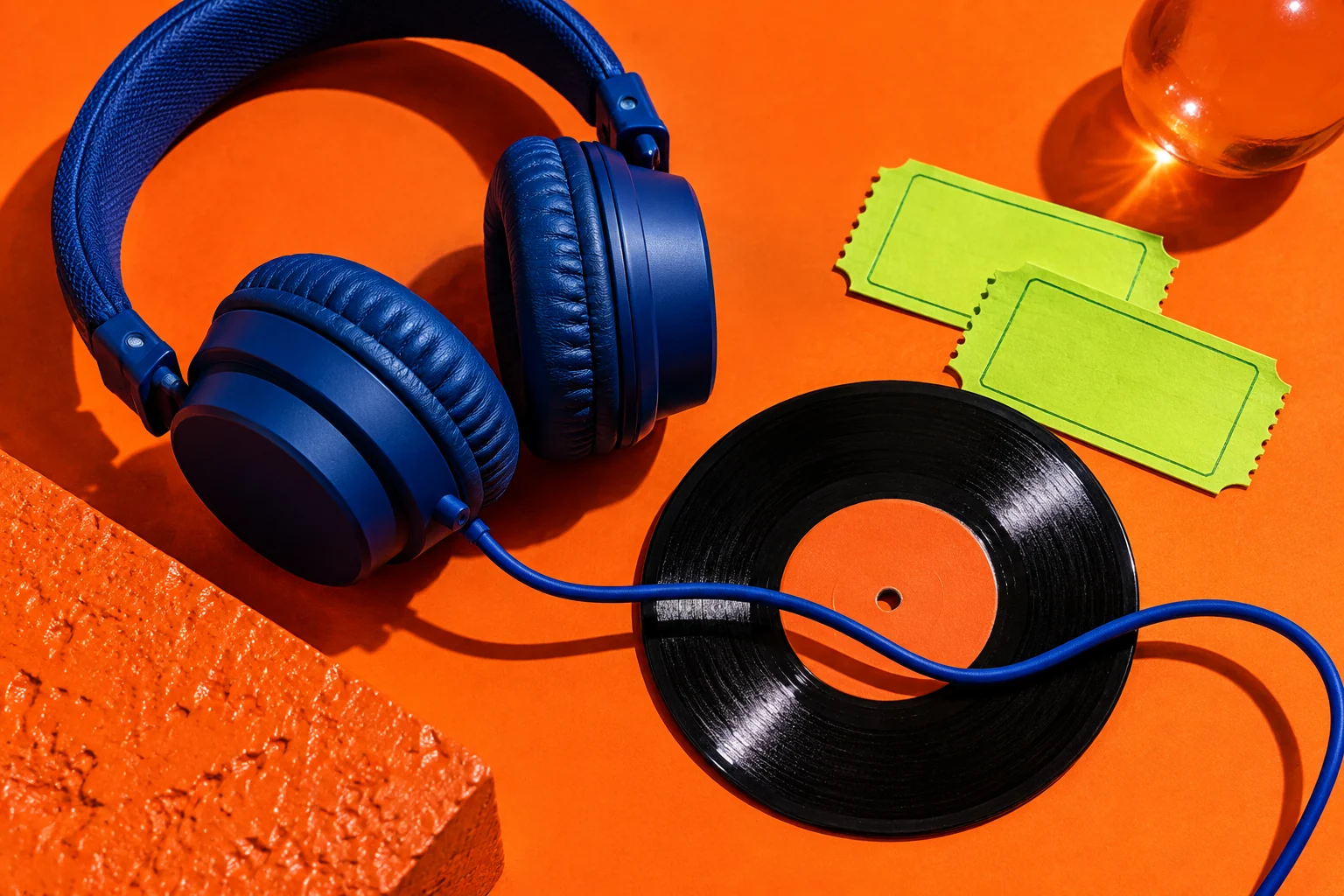 Auriculares azules, disco y entradas sin texto sobre fondo naranja.